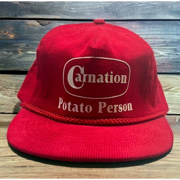 Carnation Corduroy Hat Vintage Potato Person Red Baseball Cap Ama Pro Zip Strap - Picture 1 of 11